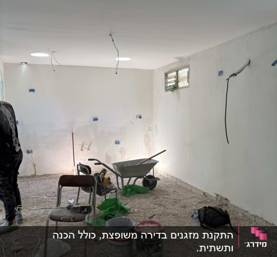 חדר בשיפוץ עם כלים וחומרים על הרצפה